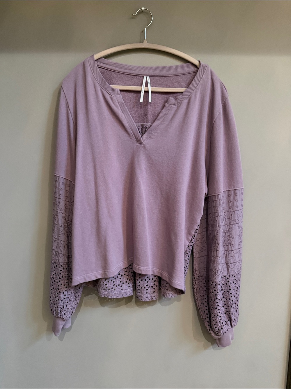 Anthropologie Lavender Crochet Sleeve Pullover